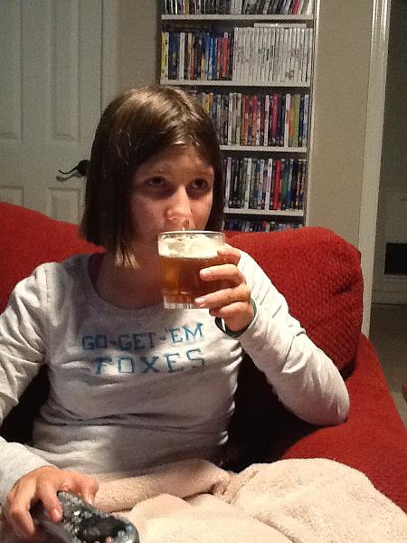 img_2086.jpg - Kayla tries out Mary's butterbeer recipe - yum!